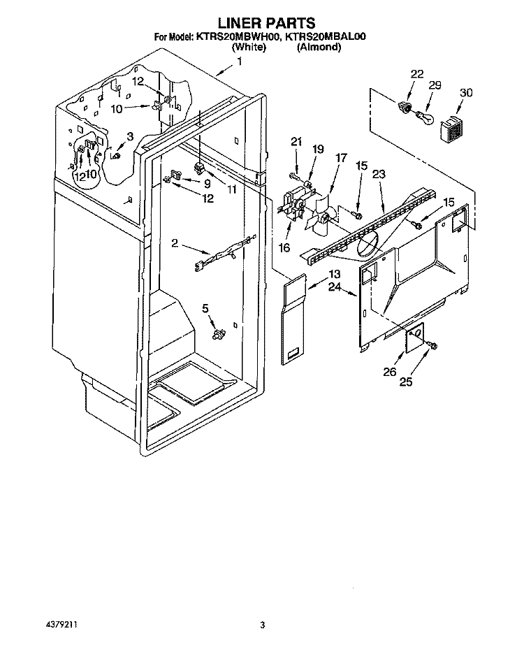 LINER Diagram and Parts List for KTRS20MBWH00  KitchenAid Refrigerator