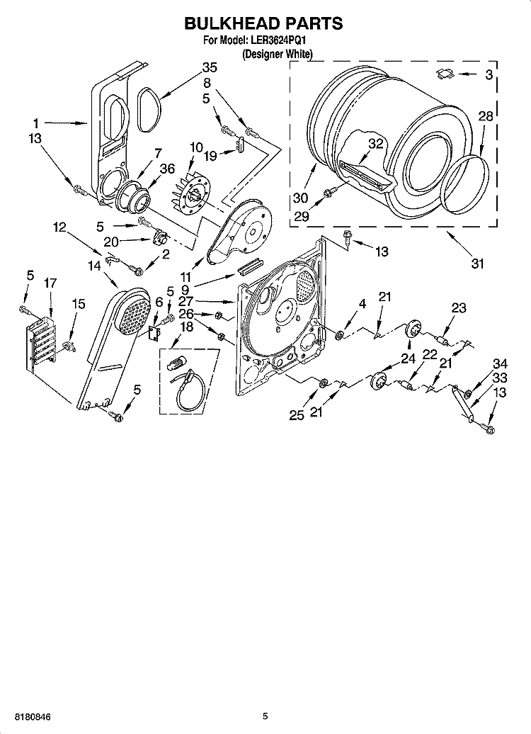 BULKHEAD PARTS, OPTIONAL PARTS (NOT INCLUDED) Diagram and Parts List for LER3624PQ1  Whirlpool Dryer