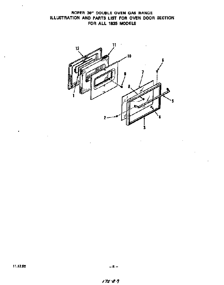 Oven Door Diagram and Parts List for 1835*1A  Roper Range