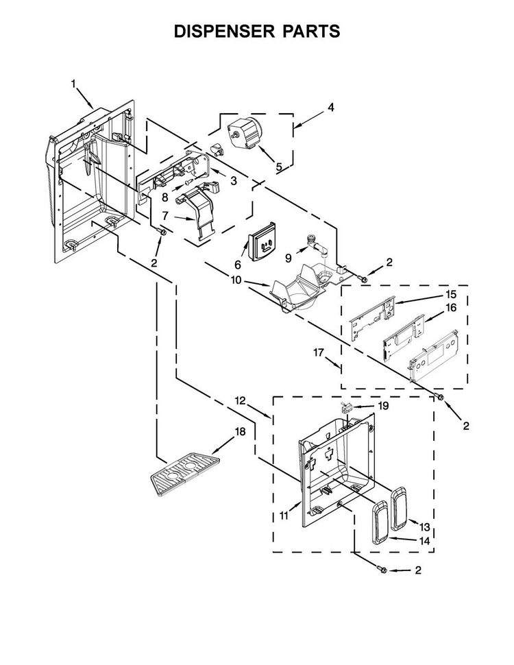 Dispenser Parts Diagram and Parts List for KBSD612ESS01  KitchenAid Refrigerator