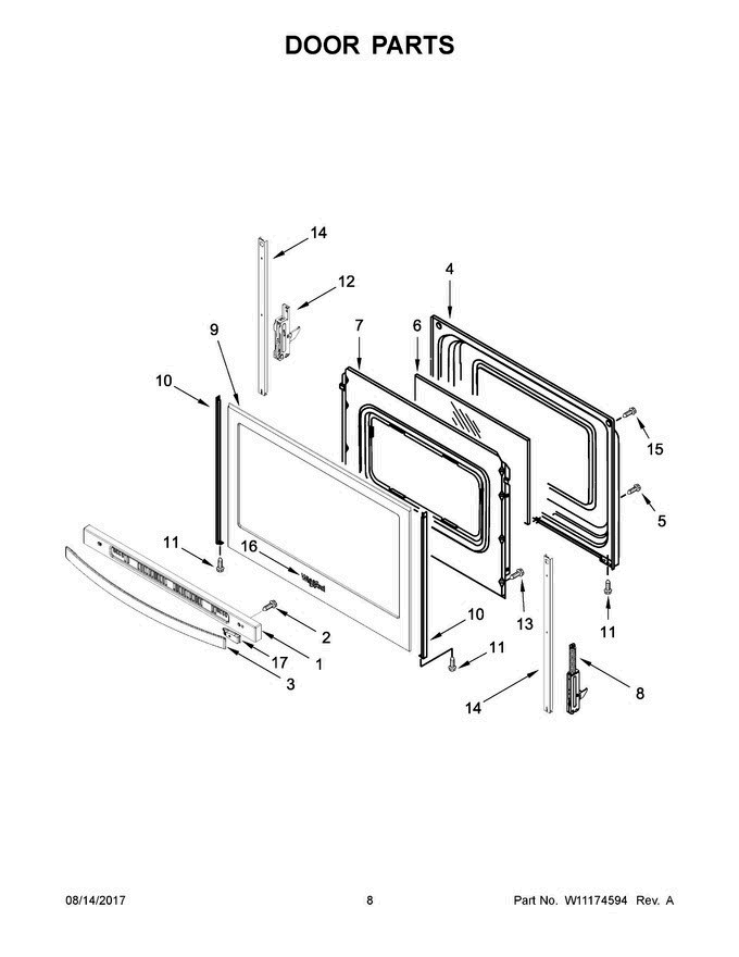 05 - Door Parts Diagram and Parts List for WFE505W0HZ0  Whirlpool Range