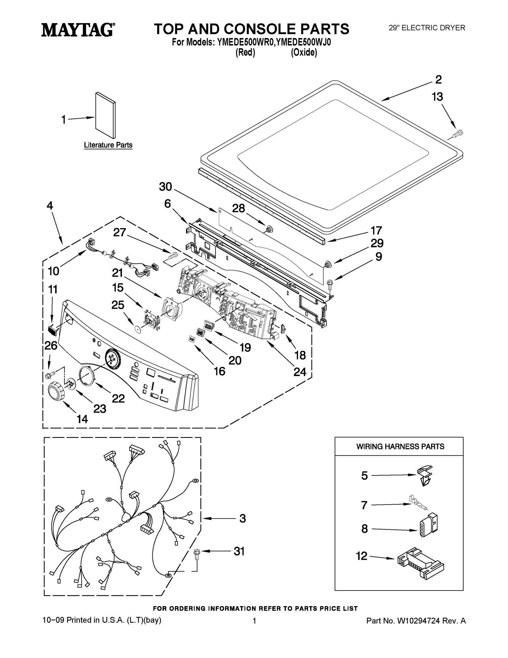 01 - TOP AND CONSOLE PARTS Diagram and Parts List for YMEDE500WR0  Whirlpool Dryer