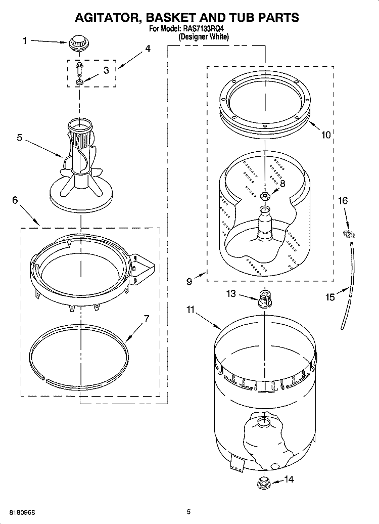 AGITATOR, BASKET AND TUB PARTS Diagram and Parts List for RAS7133RQ4  Roper Washer