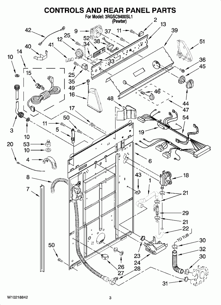 CONTROLS AND REAR PANEL PARTS Diagram and Parts List for 3RGSC9400SL1  Whirlpool Washer