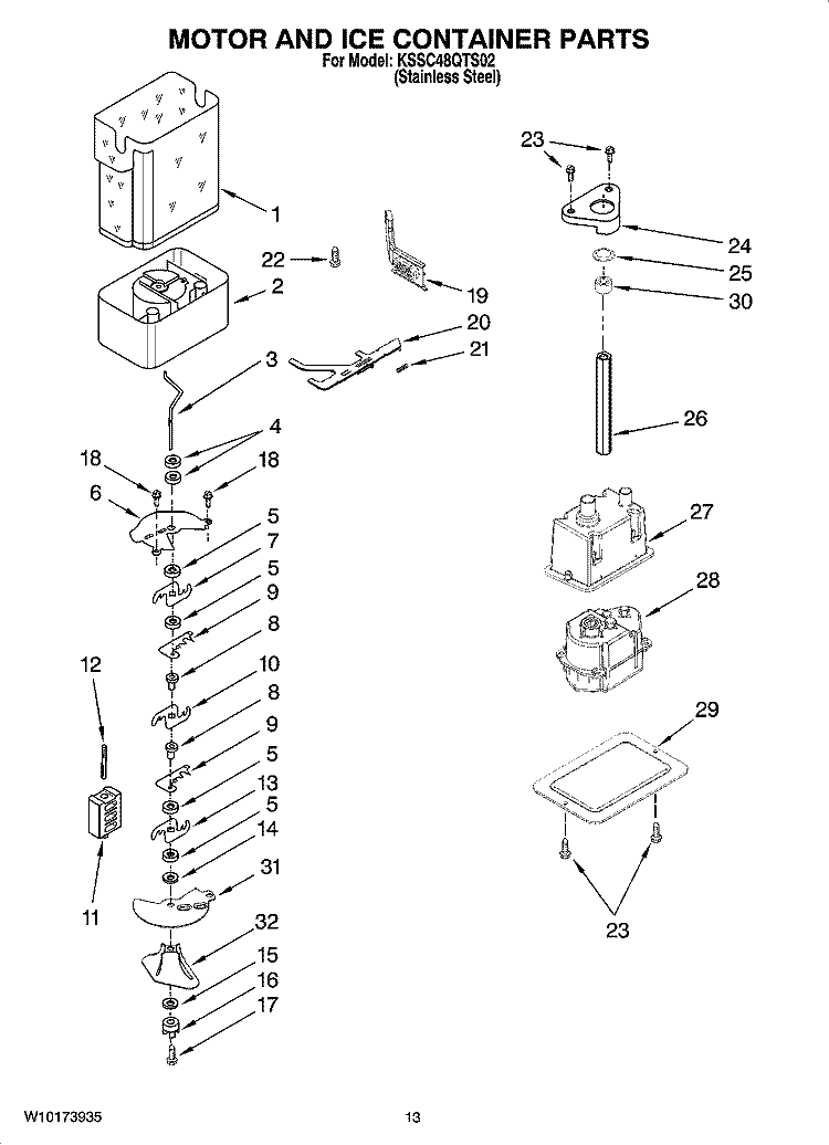 MOTOR AND ICE CONTAINER PARTS Diagram and Parts List for KSSC48QTS02  KitchenAid Refrigerator