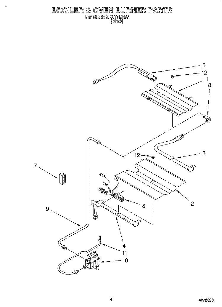BROILER & OVEN BURNER Diagram and Parts List for SF387PEYB8  Whirlpool Range