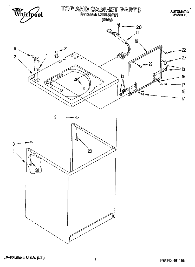 TOP AND CABINET, LIT/OPTIONAL Diagram and Parts List for LBT6133AW1  Whirlpool Washer