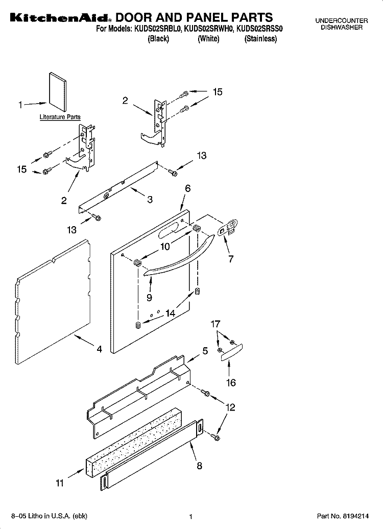 DOOR AND PANEL PARTS Diagram and Parts List for KUDS02SRBL0  KitchenAid Dishwasher