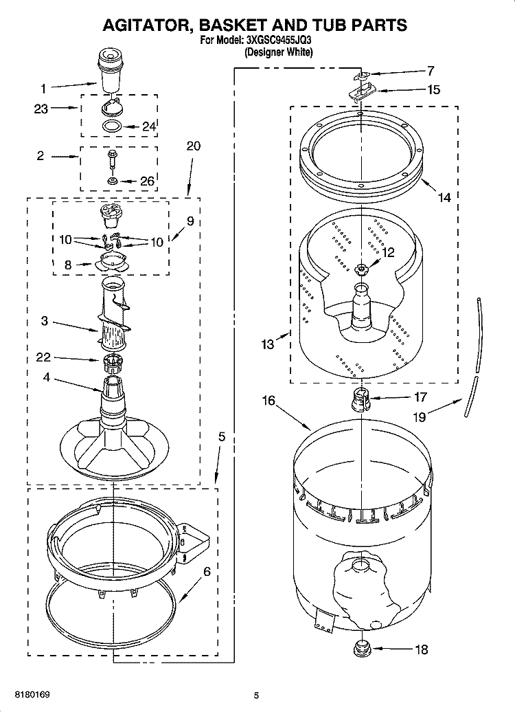 AGITATOR, BASKET AND TUB PARTS Diagram and Parts List for 3XGSC9455JQ3  Whirlpool Washer