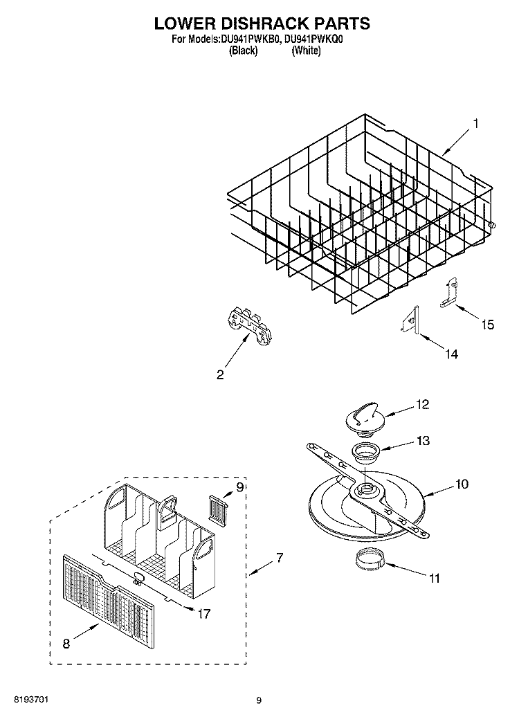 LOWER DISHRACK Diagram and Parts List for DU941PWKB0  Whirlpool Dishwasher