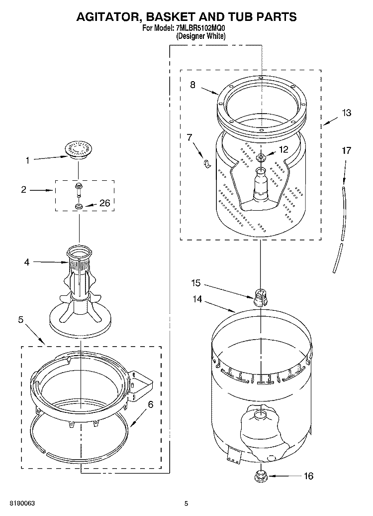AGITATOR, BASKET AND TUB PARTS Diagram and Parts List for 7MLBR5102MQ0  Whirlpool Washer