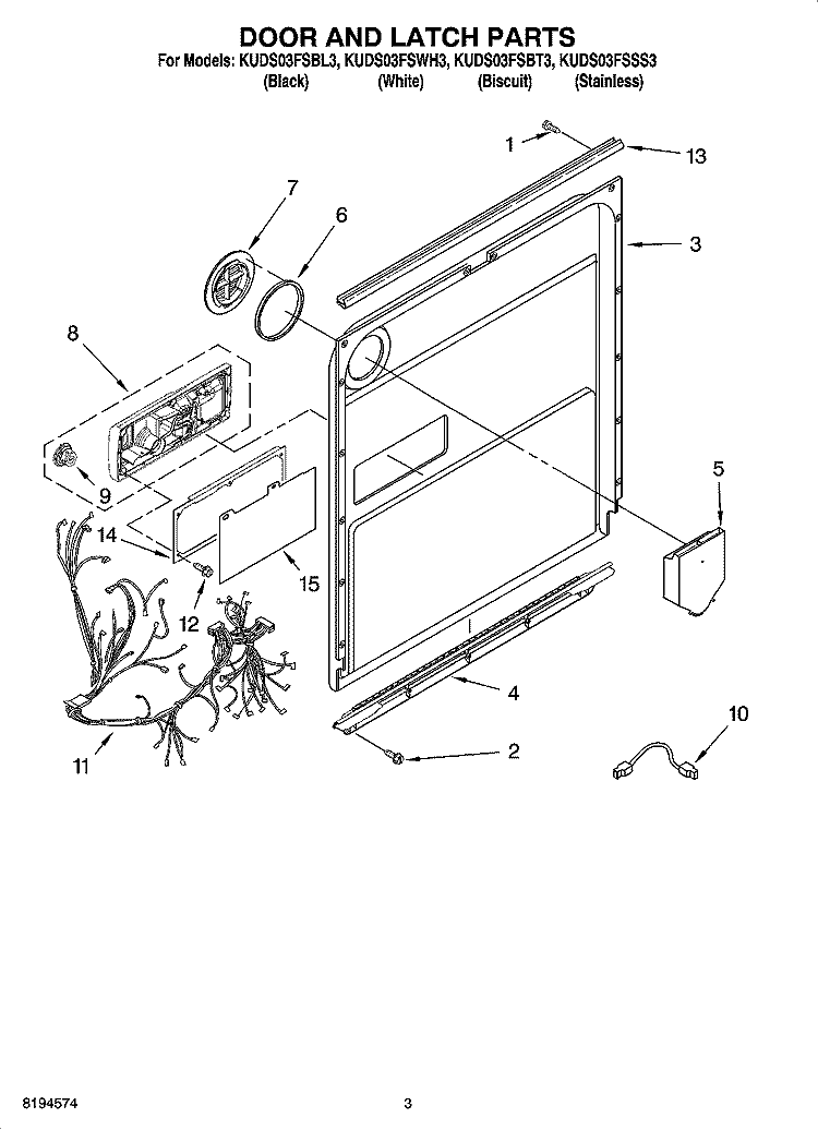 DOOR AND LATCH PARTS Diagram and Parts List for KUDS03FSBL3  KitchenAid Dishwasher
