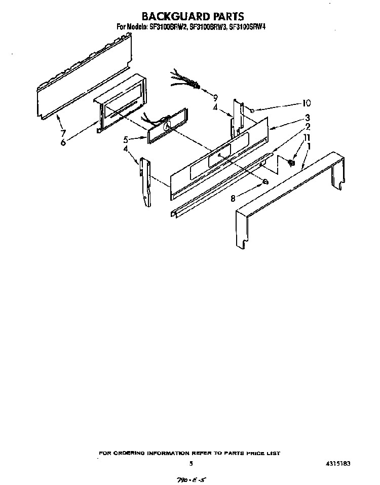 Backguard Diagram and Parts List for SF3100SRW3  Whirlpool Range