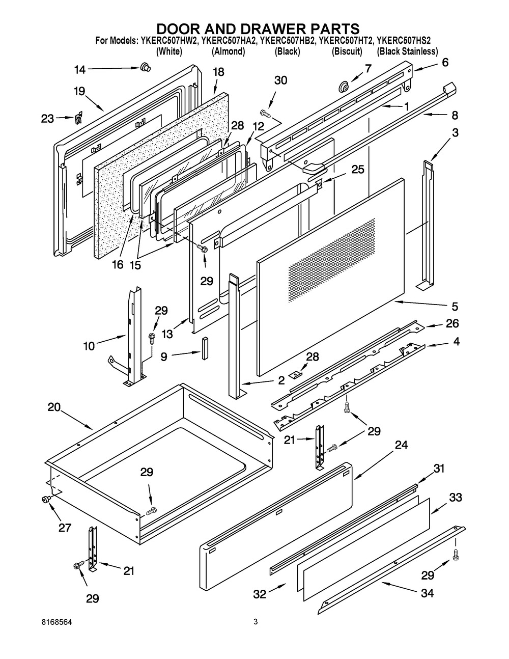 Door And Drawer Parts Diagram and Parts List for YKERC507HA2  Whirlpool Range