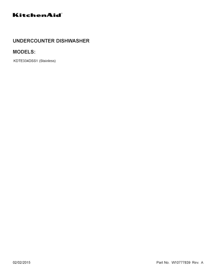 Cover Sheet Diagram and Parts List for KDTE334DSS1  KitchenAid Dishwasher