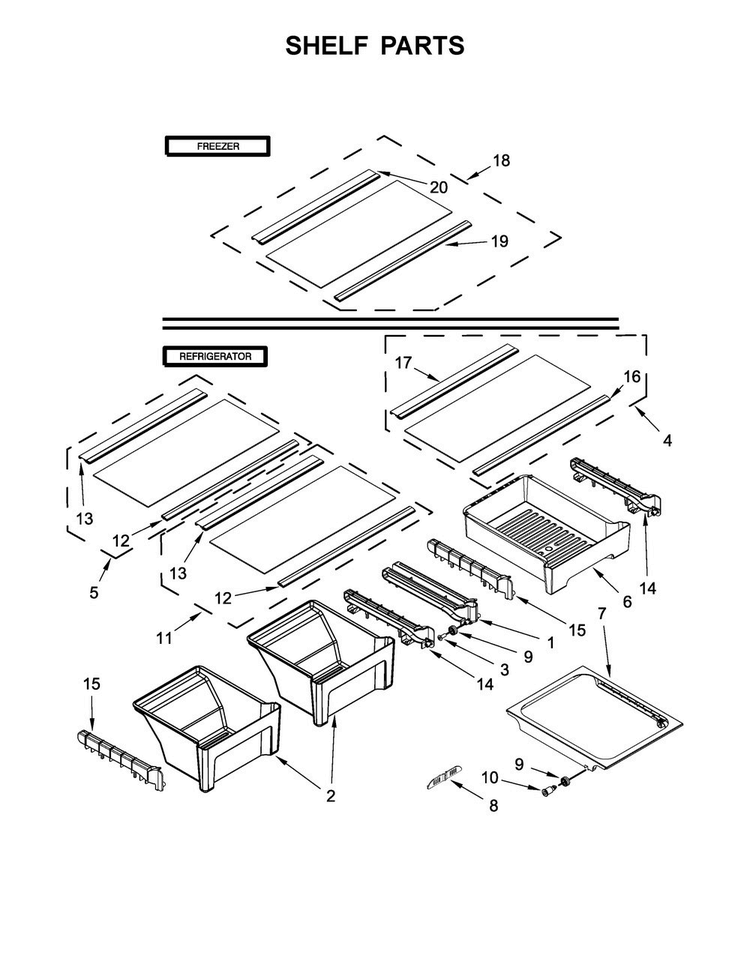 Shelf Parts Diagram and Parts List for WRT549SZDB01  Whirlpool Refrigerator