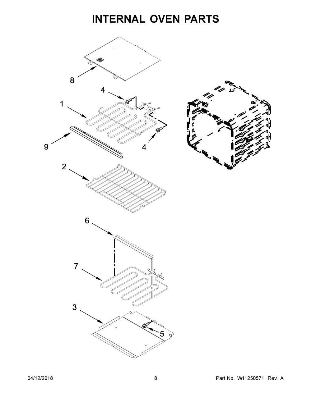 Internal Oven Parts Diagram and Parts List for KOST100ESS03  Whirlpool Wall Oven