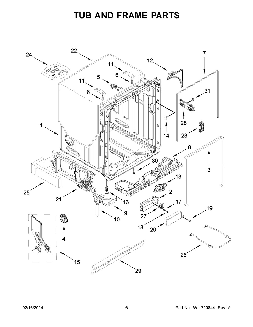 Tub And Frame Parts Diagram and Parts List for KDFE204KWH3  KitchenAid Dishwasher