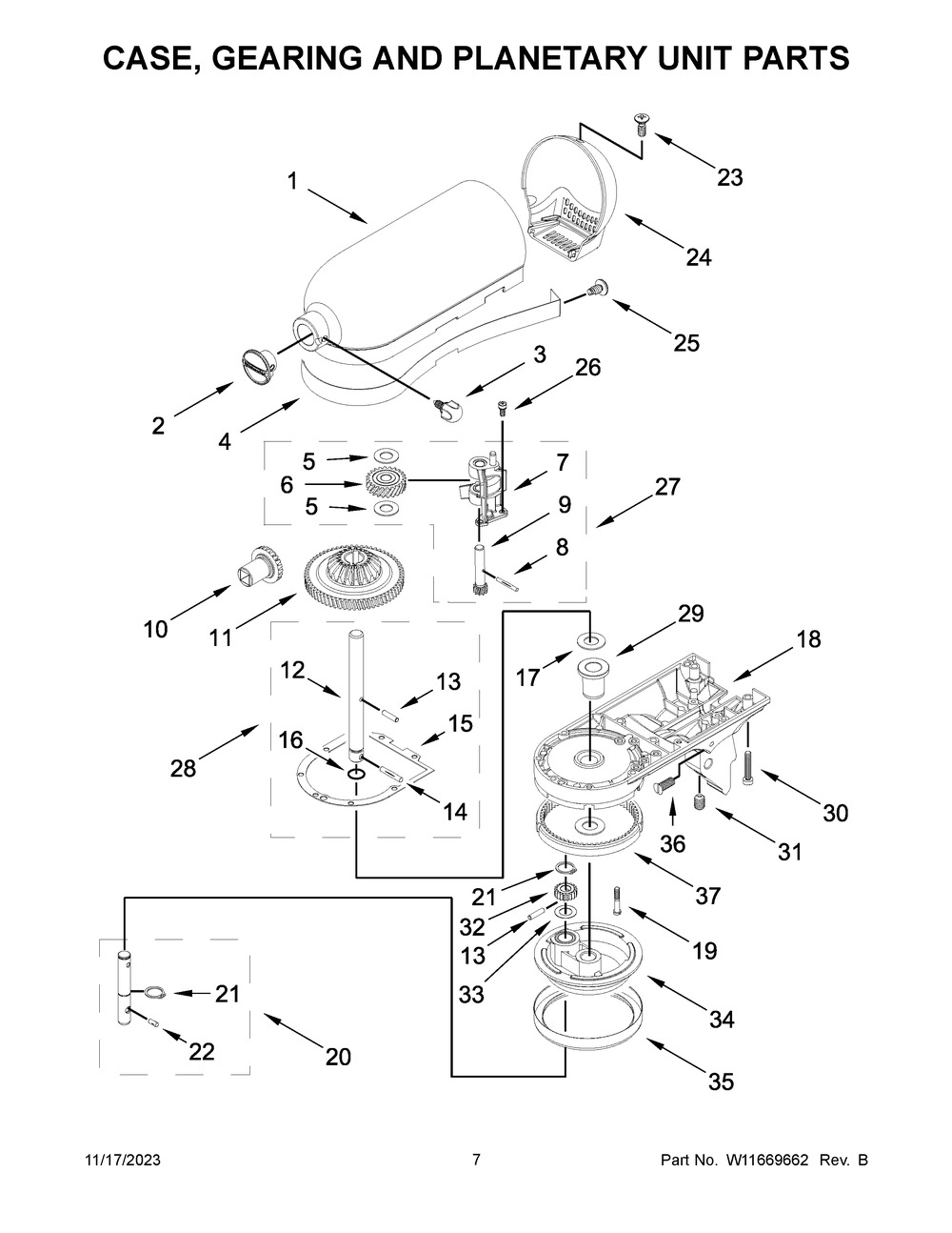 Case, Gearing And Planetary Unit Parts Diagram and Parts List for KSM150PSLR5  KitchenAid Mixer