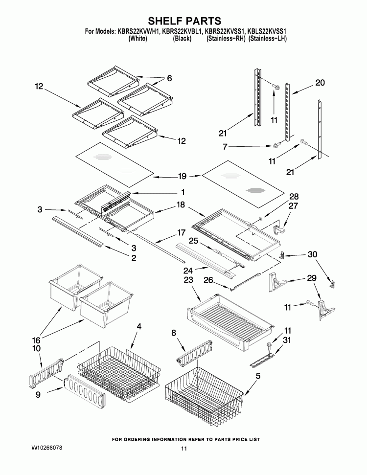 SHELF PARTS Diagram and Parts List for KBRS22KVBL1  KitchenAid Refrigerator