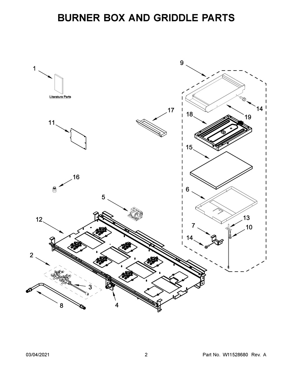 Burner Box And Griddle Parts Diagram and Parts List for KFDC558JIB01  Whirlpool Range