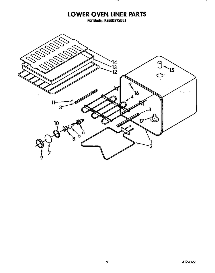 Lower Oven Liner Diagram and Parts List for KEBS177SBL1  KitchenAid Wall Oven