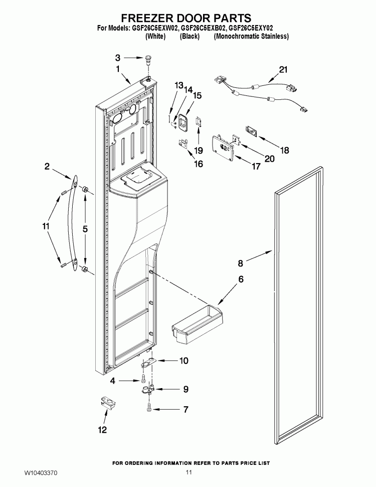 FREEZER DOOR PARTS Diagram and Parts List for GSF26C5EXB02  Whirlpool Refrigerator