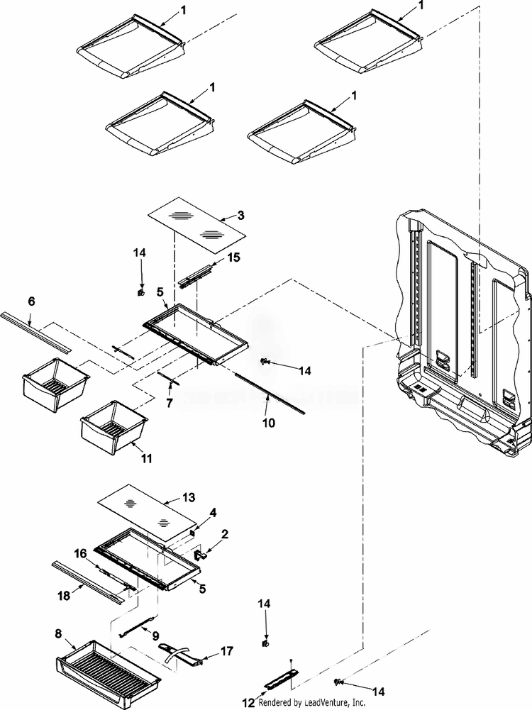 Refrigerator Shelving Diagram and Parts List for ABR2533FES  Whirlpool Refrigerator
