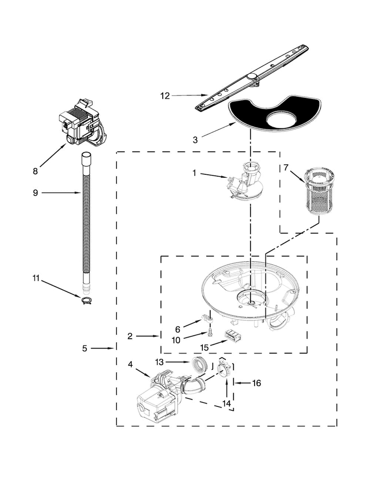 Pump, Washarm And Motor Parts Diagram and Parts List for WDF111PABW4  Whirlpool Dishwasher