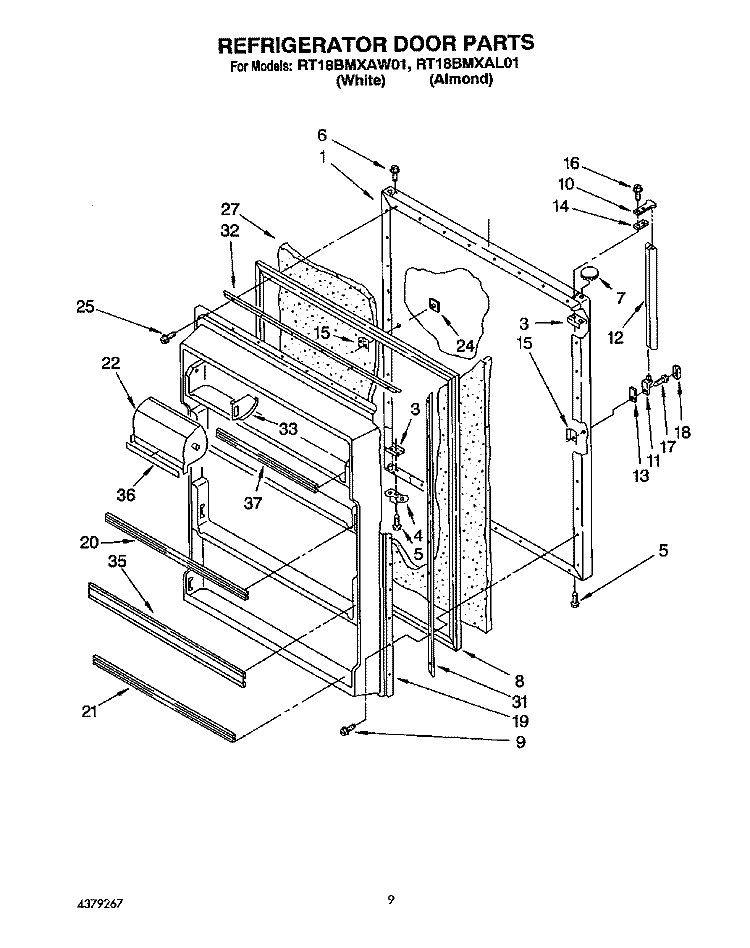 REFRIGERATOR DOOR Diagram and Parts List for RT18BMXAW01  Roper Refrigerator