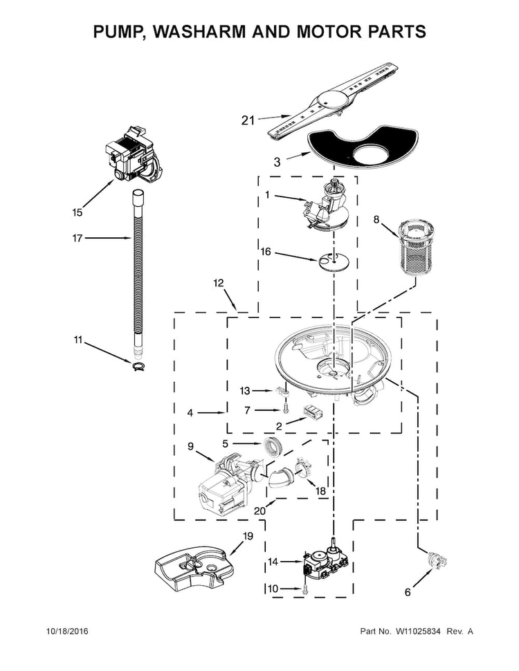 Pump, Washarm And Motor Parts Diagram and Parts List for WDT920SADM3  Whirlpool Dishwasher