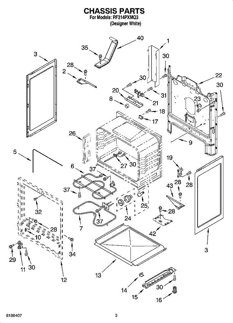 CHASSIS PARTS Diagram and Parts List for RF314PXMQ3  Whirlpool Range