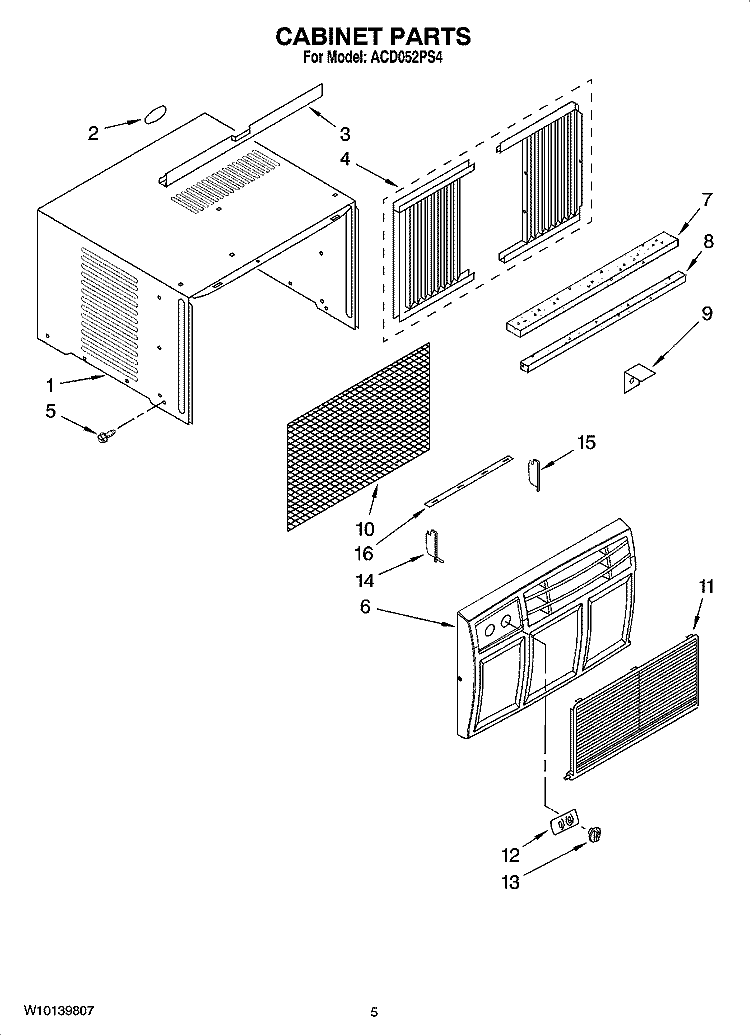 CABINET PARTS Diagram and Parts List for ACD052PS4  Whirlpool Air Conditioner