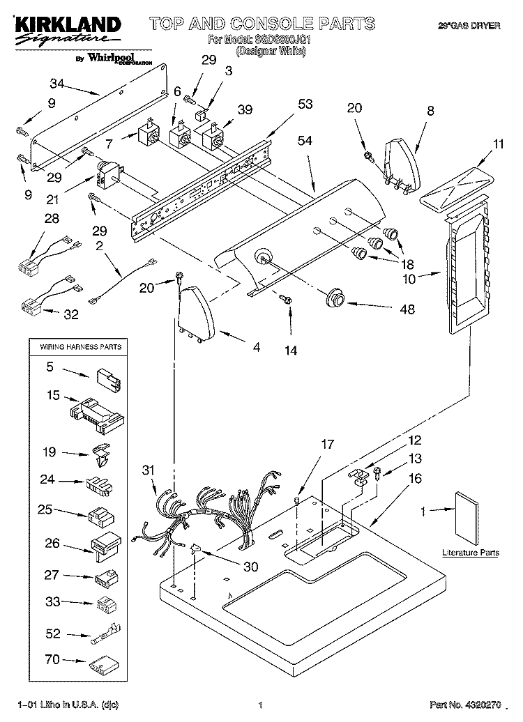 TOP AND CONSOLE, LITERATURE Diagram and Parts List for SGDS800JQ1  Whirlpool Dryer