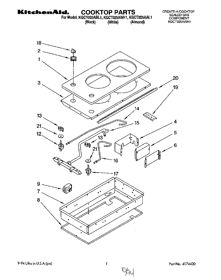 SECTION Diagram and Parts List for KGCT025AWH1  KitchenAid Cooktop