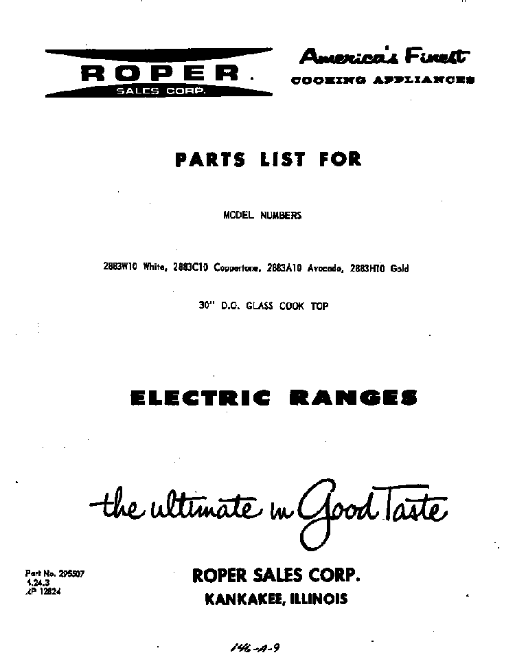 Cover Page Diagram and Parts List for 2883*10  Roper Range