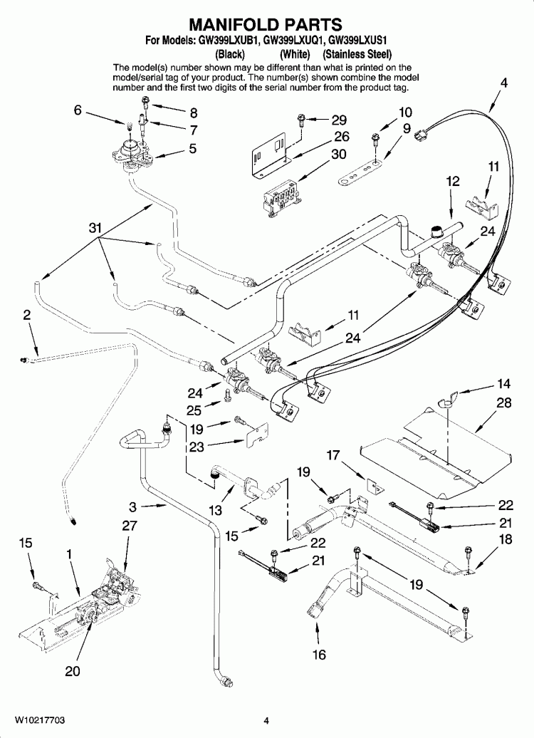 MANIFOLD PARTS Diagram and Parts List for GW399LXUS1  Whirlpool Range