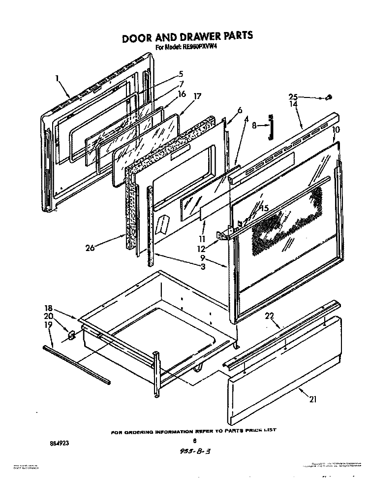 DOOR AND DRAWER Diagram and Parts List for RE960PXVN4  Whirlpool Range