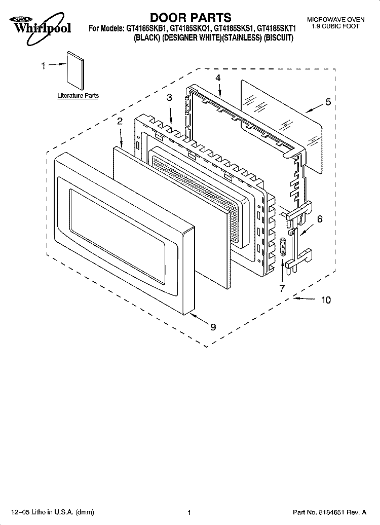 DOOR PARTS Diagram and Parts List for GT4185SKT1  Whirlpool Microwave