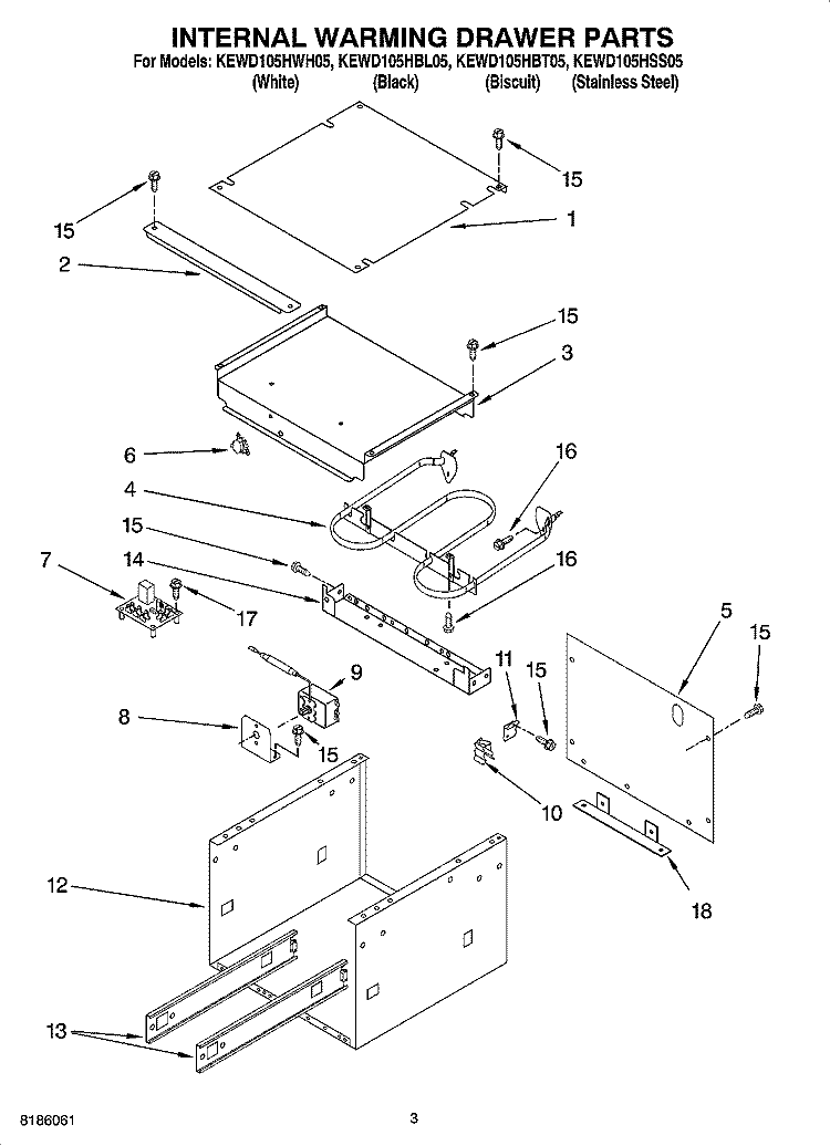 INTERNAL WARMING DRAWER PARTS Diagram and Parts List for KEWD105HBL05  KitchenAid Warming Drawer