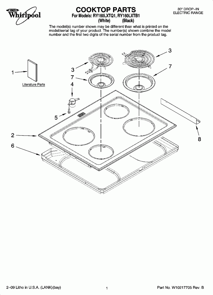 COOKTOP PARTS Diagram and Parts List for RY160LXTB1  Whirlpool Range