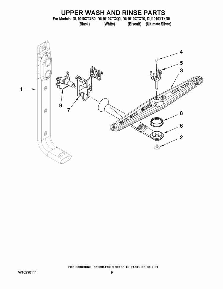 UPPER WASH AND RINSE PARTS Diagram and Parts List for DU1010XTXT0  Whirlpool Dishwasher