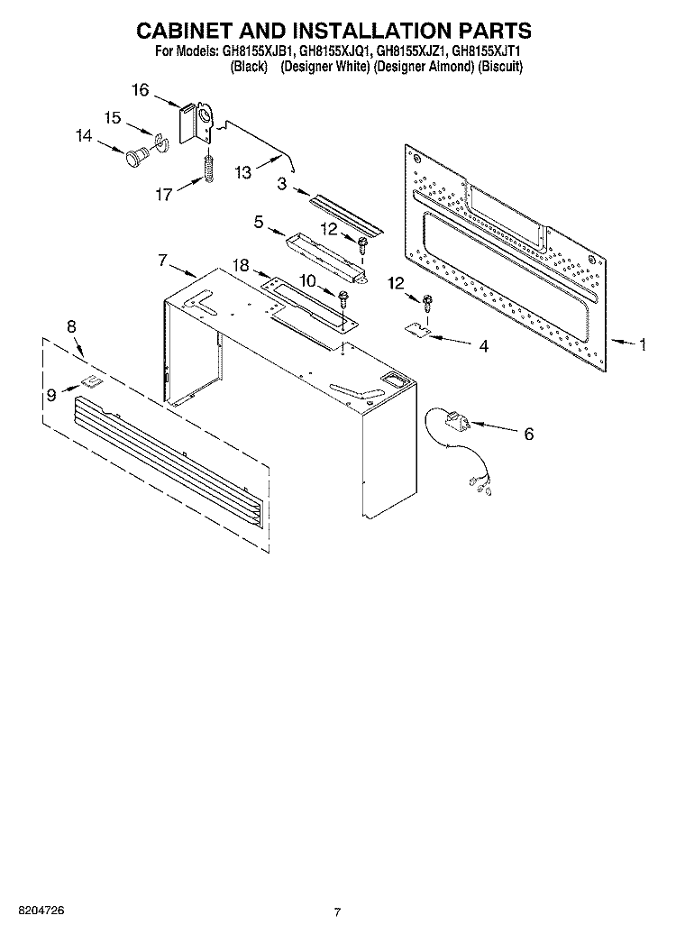 CABINET AND INSTALLATION PARTS Diagram and Parts List for GH8155XJB1  Whirlpool Microwave
