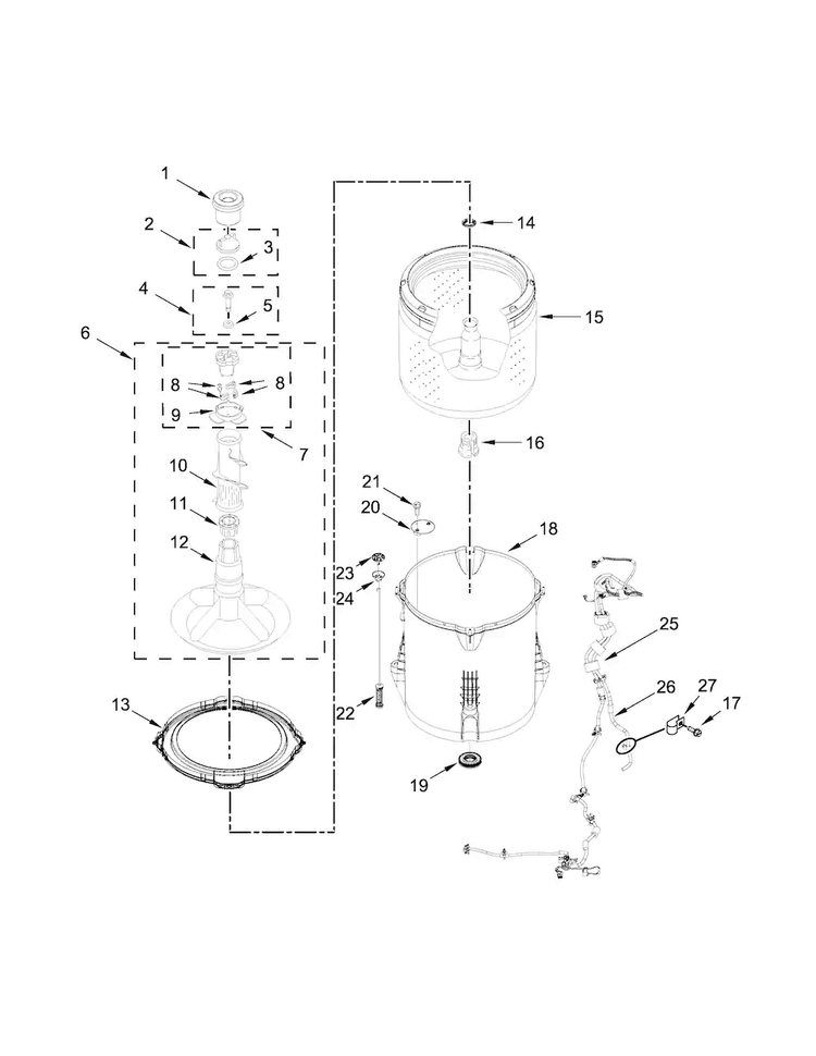 Basket And Tub Parts Diagram and Parts List for WTW4816FW0  Whirlpool Washer