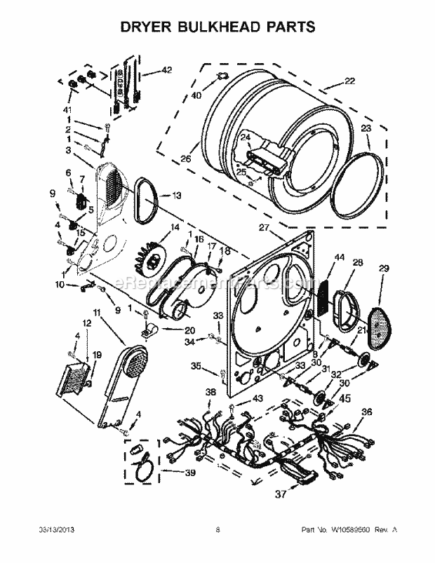 Dryer Bulkhead Parts Diagram and Parts List for LTE5243DQB  Whirlpool Washer Dryer Combo