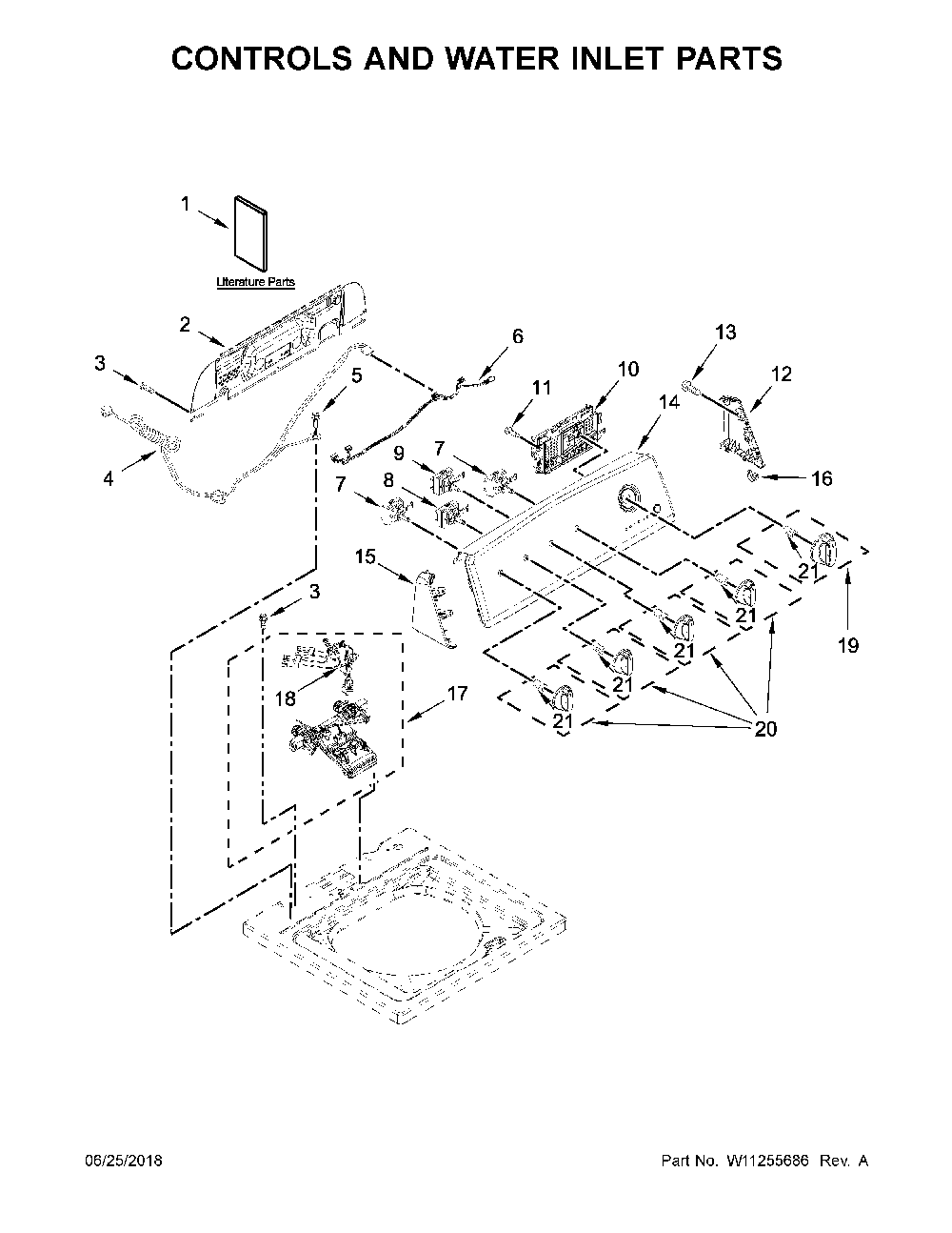 Controls and water inlet parts Diagram and Parts List for 11025122811  Kenmore Washer
