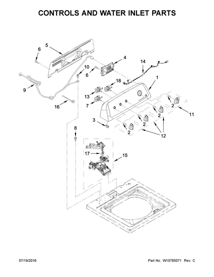 Controls And Water Inlet Parts Diagram and Parts List for ITW4771EW0  Inglis Washer