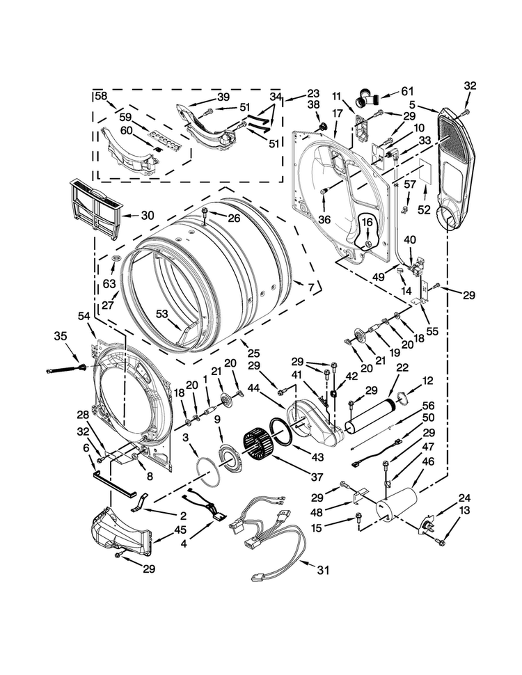 Bulkhead Parts Diagram and Parts List for WGD87HEDC1  Whirlpool Dryer