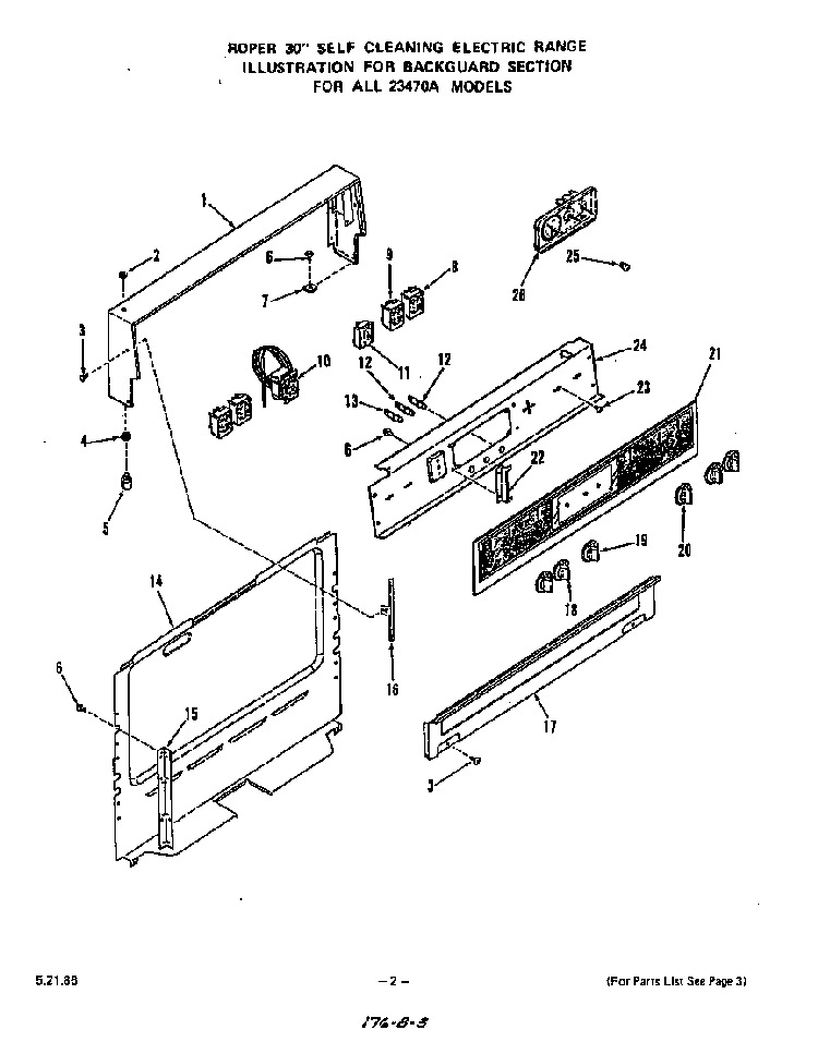 Backguard Diagram and Parts List for 2347*0A  Roper Range