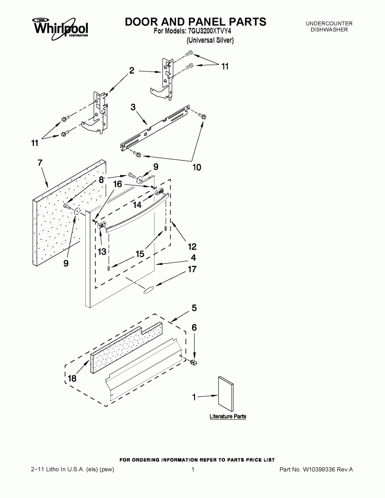 DOOR AND PANEL PARTS Diagram and Parts List for 7GU3200XTVY4  Whirlpool Dishwasher